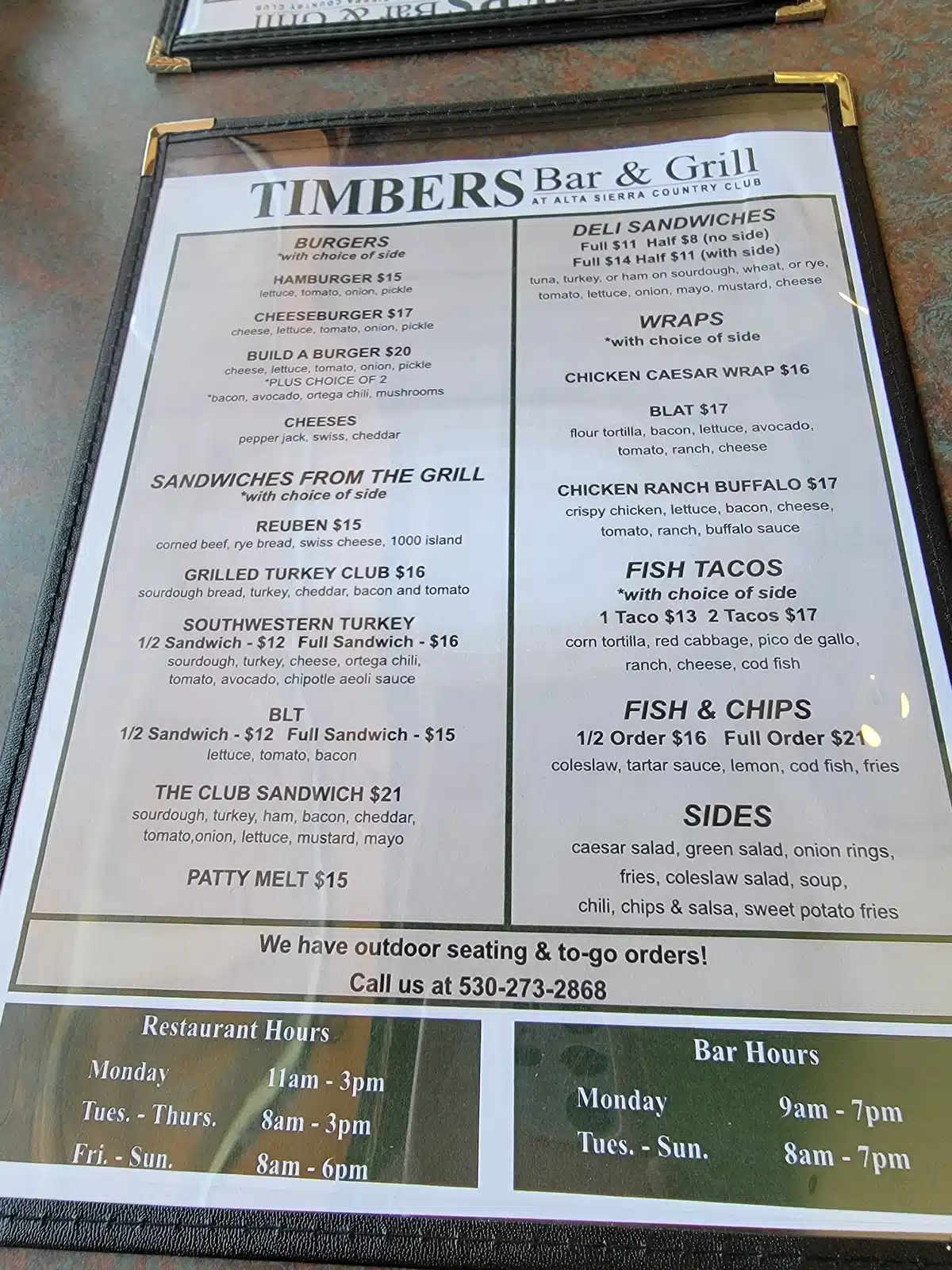 Timbers Bar and Grill Menu
