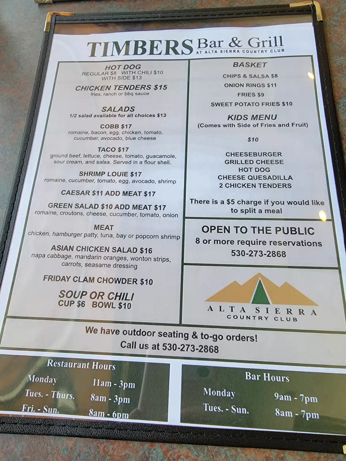 Timbers Bar and Grill Menu